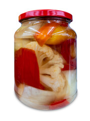 Pickled chopped vegetables in glass jar with red cap isolated on white with clipping patto included