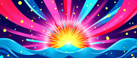 Abstract cosmic sunrise background with glowing light beams and colorful energy waves