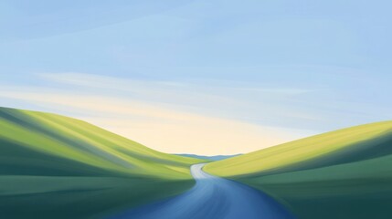 A winding road leading through green hills under a blue sky
