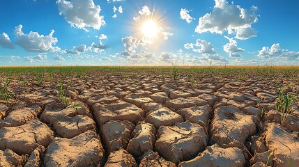 Lifeless wheat field with dry soil splitting apart under the summer heat