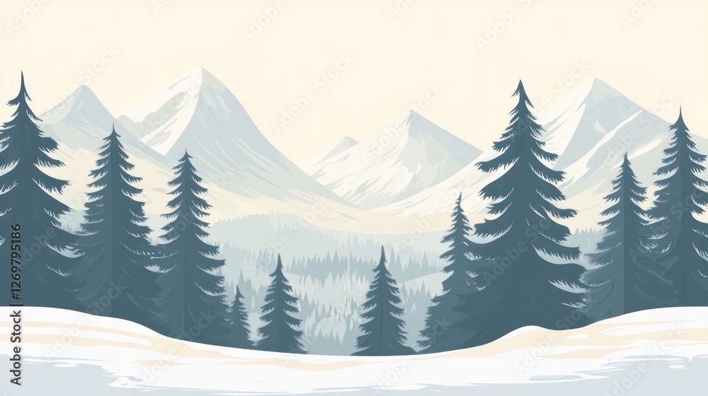 Poster winter scenery with mountains and tall evergreen trees displayed