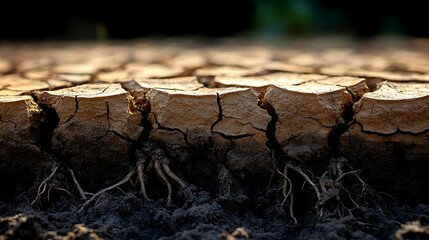 Fototapeta premium Close up of dead plant roots exposed in a dry cracked farming field