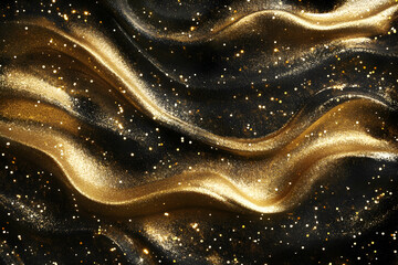 Shiny gold particles on a black background, creating a festive and elegant atmosphere with abstract glitter effects