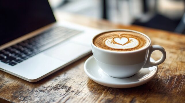 Morning Coffee Break, Laptop and Latte Art
