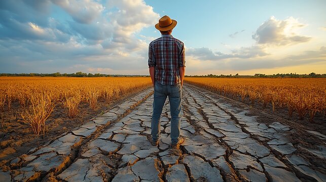 Farmer standing in the middle of cracked farmland looking at the dead crops