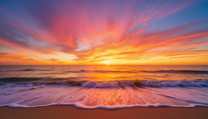 Vibrant sunset over the ocean with dramatic reflections, tranquility