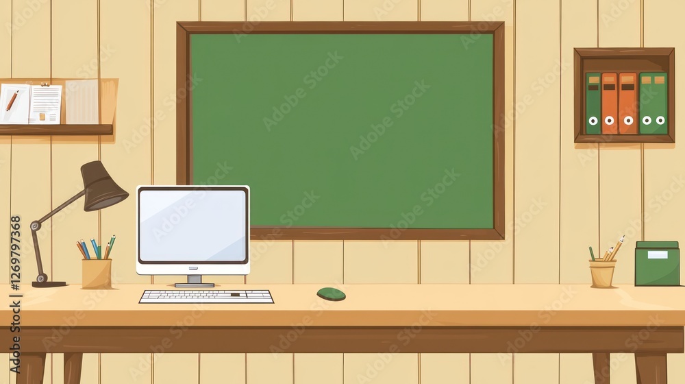 Aufkleber cartoon study room setup featuring computer and chalkboard