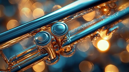 Naklejka premium Polished trumpet in focus, bokeh background, concert, musical instrument