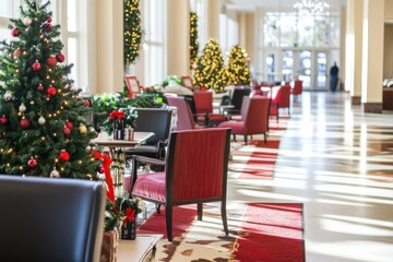 Obraz premium Holiday decorations create a warm and inviting atmosphere with small trees and elegant decor in a festive interior space