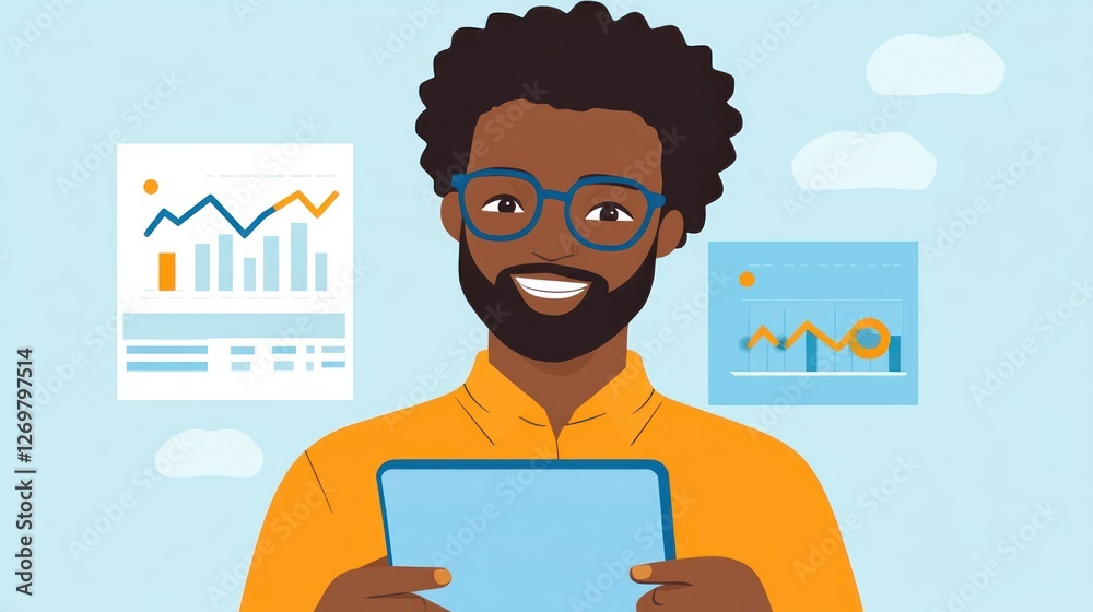 Poster Man holding a tablet with data charts around him
