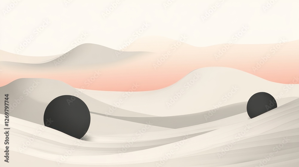 Poster abstract minimalist landscape with two dark spheres