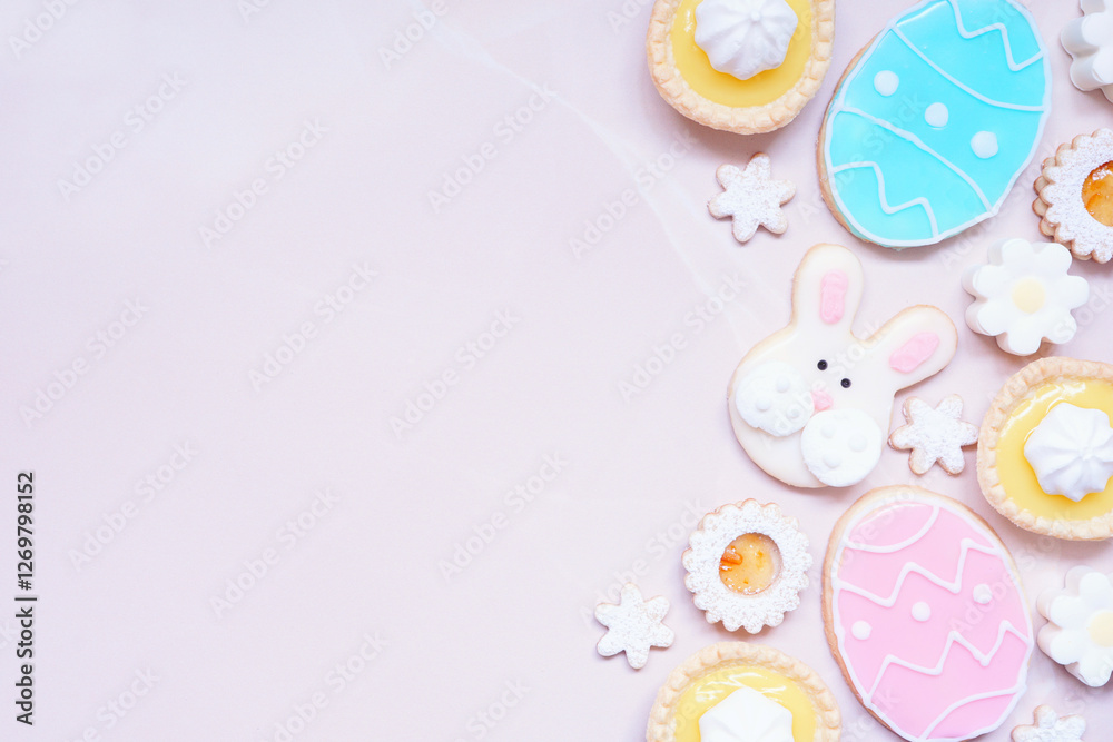 Aufkleber easter or spring themed baking side border with assorted cookies and sweet desserts. top view on a p