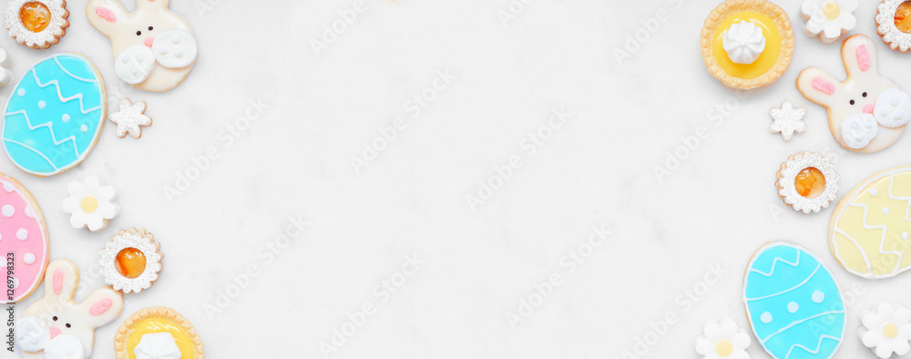 Aufkleber easter or spring themed baking double border with assorted cookies and sweet desserts. top down view