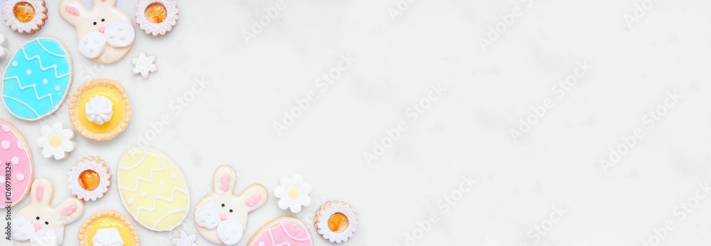 Aufkleber easter or spring themed baking corner border with assorted cookies and sweet desserts. above view on
