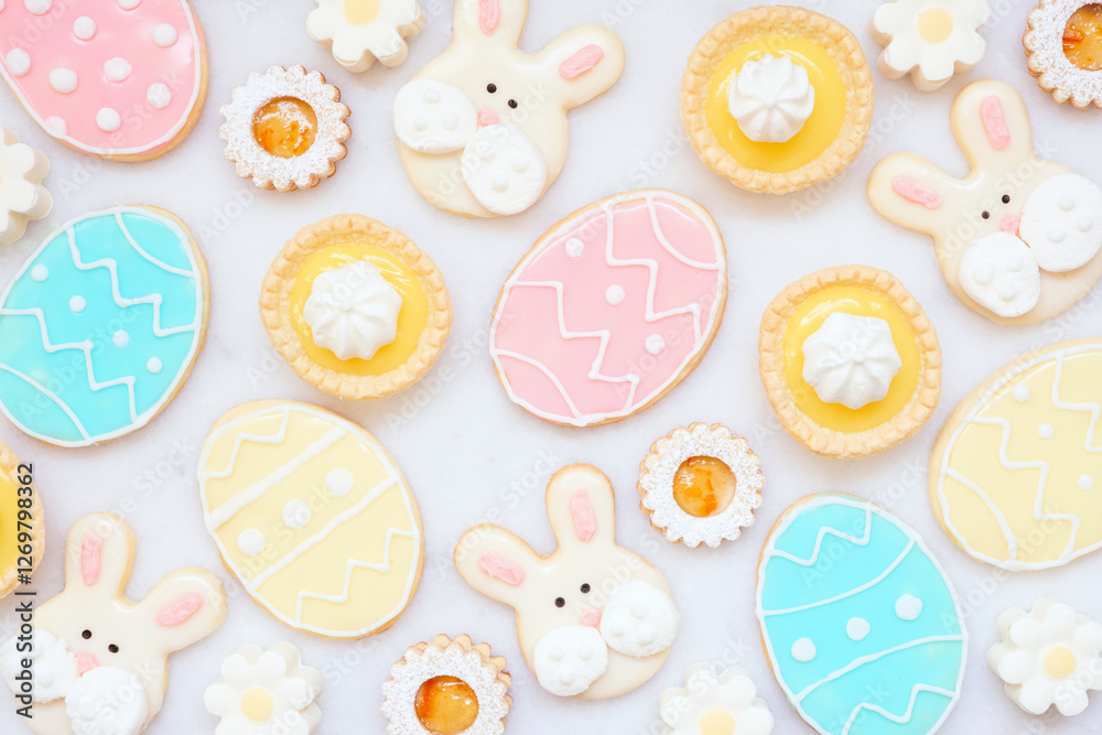 Poster easter or spring themed baking background with assorted cookies and sweet desserts. top view on a wh