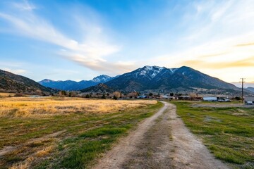 A road meanders through open fields towards majestic mountains, painted in soft golden light as the sun rises in the sky