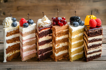 Six slices of layered cake with various toppings and fillings on a rustic wooden surface