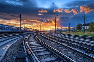Sunset casts vibrant colors over railway tracks while trains blur in motion near station with clear signals present