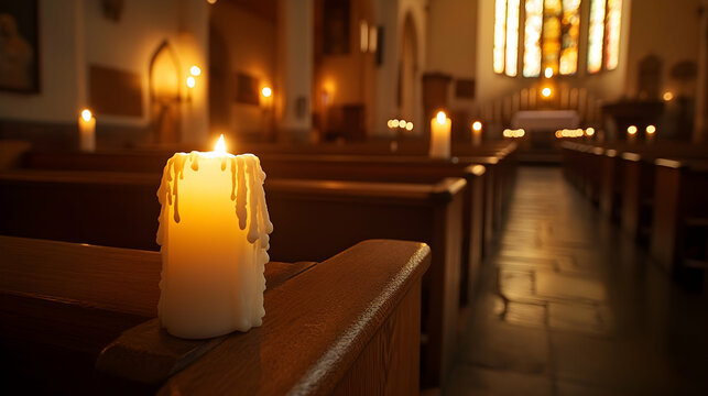 Serene church interior with warm candlelight, wooden pews and a sense of quiet reflection on Good Friday - Powered by Adobe