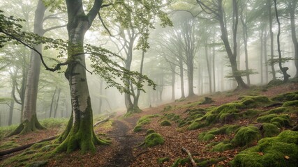 Obraz premium A misty morning in a dense forest.