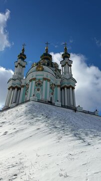 Orthodox church of st. Andrew's in Kyiv city Ukraine, vertical video. Majestic Andreyevskaya tserkov'.