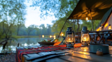 Enjoy a romantic candlelit dinner in a luxury tent surrounded by wild nature, enhanced by lanterns illuminating the table
