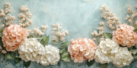 Delicate hydrangeas and soft flowers arranged on a watercolor background for a romantic feel.