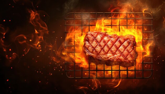 Flaming Grill Grid Featuring A Delicious Beef Steak. Ample Room For Grilling And Creating Your Own Culinary Masterpiece. Let The Flames Roar!