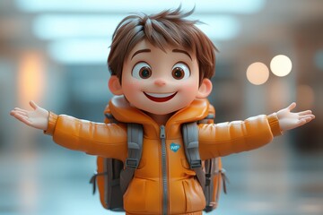 Excited child with backpack smiling and welcoming in a modern indoor setting during the day