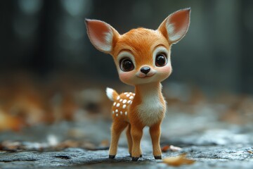 Cute cartoon deer standing in a forest with autumn foliage on the ground during daylight hours