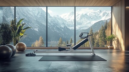 A sleek rowing machine setup in a modern fitness studio, surrounded by minimalist decor, clean and futuristic 