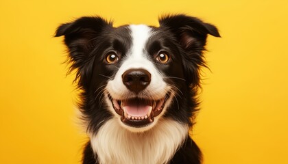 Fototapeta premium Charming Studio Portrait Of Adorable Smiling Border Collie Puppy On Yellow Background: New Addition To Family Waiting For Reward. Pet Care & Animal Love.