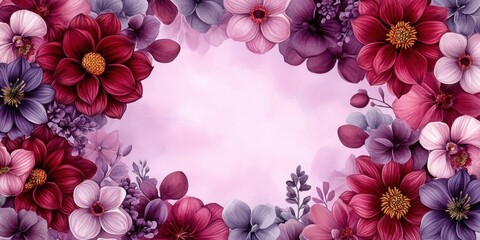 Burgundy dahlias and deep violet orchids on a muted lavender watercolor background for wedding cards.