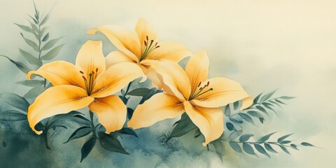 Obraz premium A painting of three yellow flowers with green leaves. The flowers are in the foreground and the leaves are in the background. The painting has a serene and peaceful mood, with the flowers