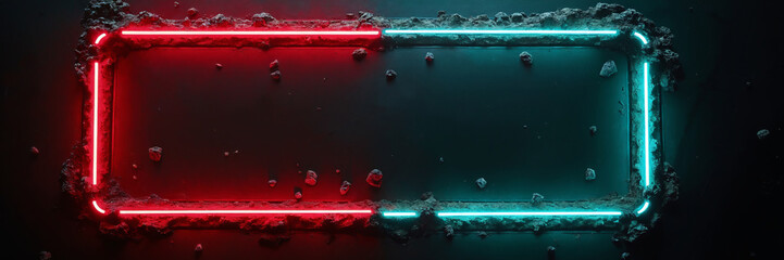 The neon rectangular frame with a rough texture glows in deep red and turquoise shades. Distorted squares and triangles shimmer against a dark, scratched background, creating an edgy cyberpunk vibe