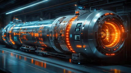An advanced particle accelerator glows with energy, its intricate machinery showcasing the forefront of high-energy physics research and modern scientific innovation