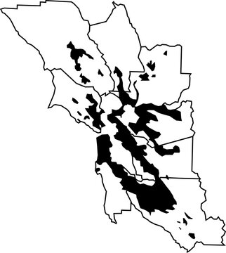 Urbanisation of Bay Area Version 1 San Francisco Bay Area (CALIFORNIA, UNITED STATES) Thin Map Outline Counties (Sonoma, Napa, Solano, Contra Costa, Alameda, Santa Clara, San Mateo, Marin)