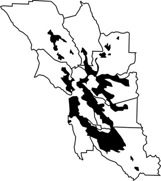 Urbanisation of Bay Area Version 2 - San Francisco Bay Area (CALIFORNIA, UNITED STATES) Thin Map Outline Counties (Sonoma, Napa, Solano, Contra Costa, Alameda, Santa Clara, San Mateo, Marin)