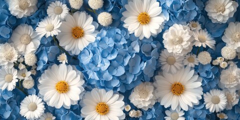 Gentle blue hydrangeas and white daisies with a watercolor finish for fresh wedding stationery.