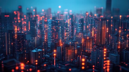 Fototapeta premium A holographic cityscape layered with glowing data charts and performance overlays, futuristic and intricate 