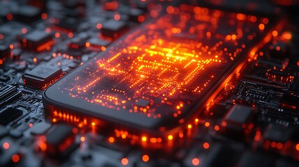 Close detail of a smartphone with a glowing cyber firewall made of structured digital bricks