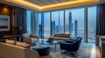 Elegant and Professional High-Rise Office Meeting Room with Panoramic City Skyline View
