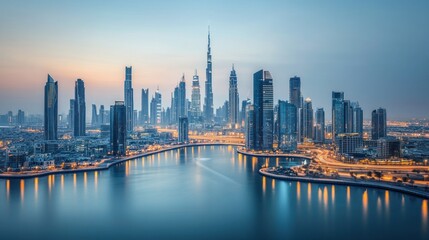 Fototapeta premium Spectacular Dubai Skyline at Dusk Reflecting on the Water Canal