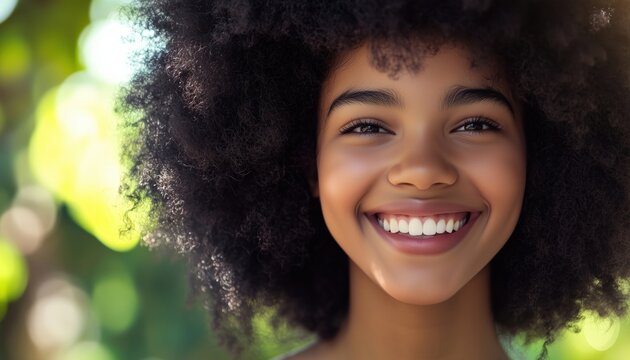 Close-Up Portrait Of A Beautiful African American Girl With Afro Hair, Smiling And Laughing In Freedom And Happiness. A Carefree Young Black Woman With Curly Hair.