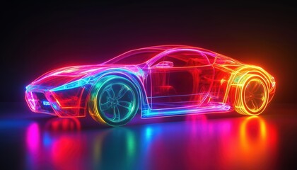 Fototapeta premium Neon-Lit Automobile Rendering: Transforming A Car With Vibrant Neon Lights For A Striking Visual Display And Unique Presentation.