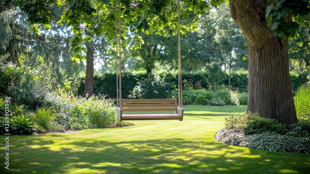 Poster tree swing hangs invitingly in a tranquil and lush garden