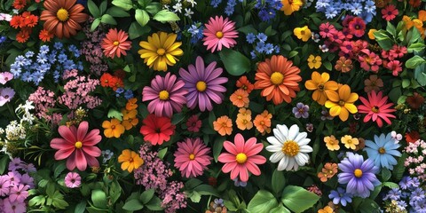 Cartoon Meadow Delight vibrant daisies, passionflowers, and red valerian in a whimsical mix.
