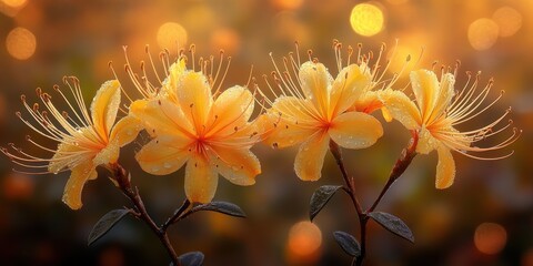 Four yellow flowers with long, thin stems and green leaves. The flowers are drooping and appear to be wet