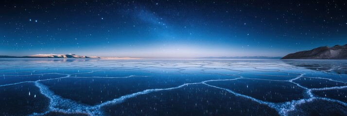 Starry Night Over Frozen Salt Lake With Mountains