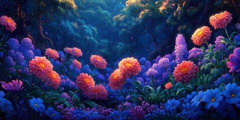 Naklejka premium Springtime Blossom Fantasy â€“ fluffy chrysanthemums, rain lilies, and violets in a playful setting.